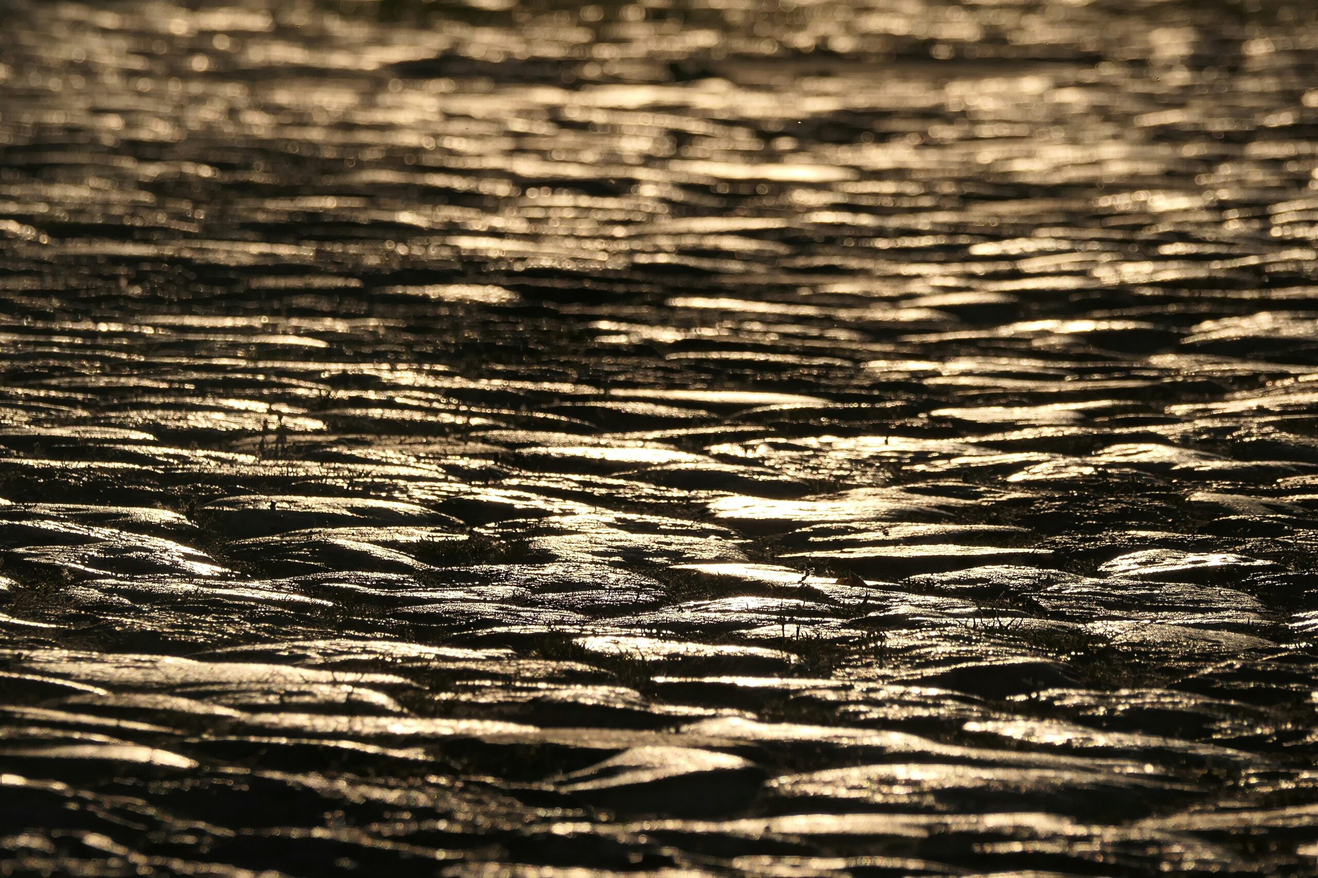 Goldene Lichtreflexionen auf einer dunklen, unebenen Struktur