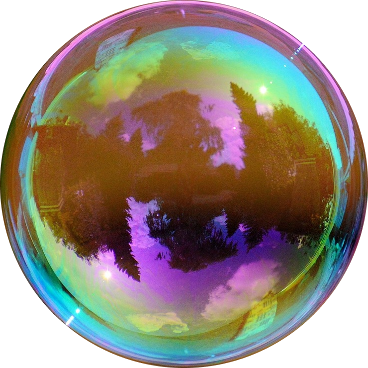 Nahaufnahme einer einzelnen, irisierenden Seifenblase mit wirbelnden Farben auf dunklem Hintergrund.